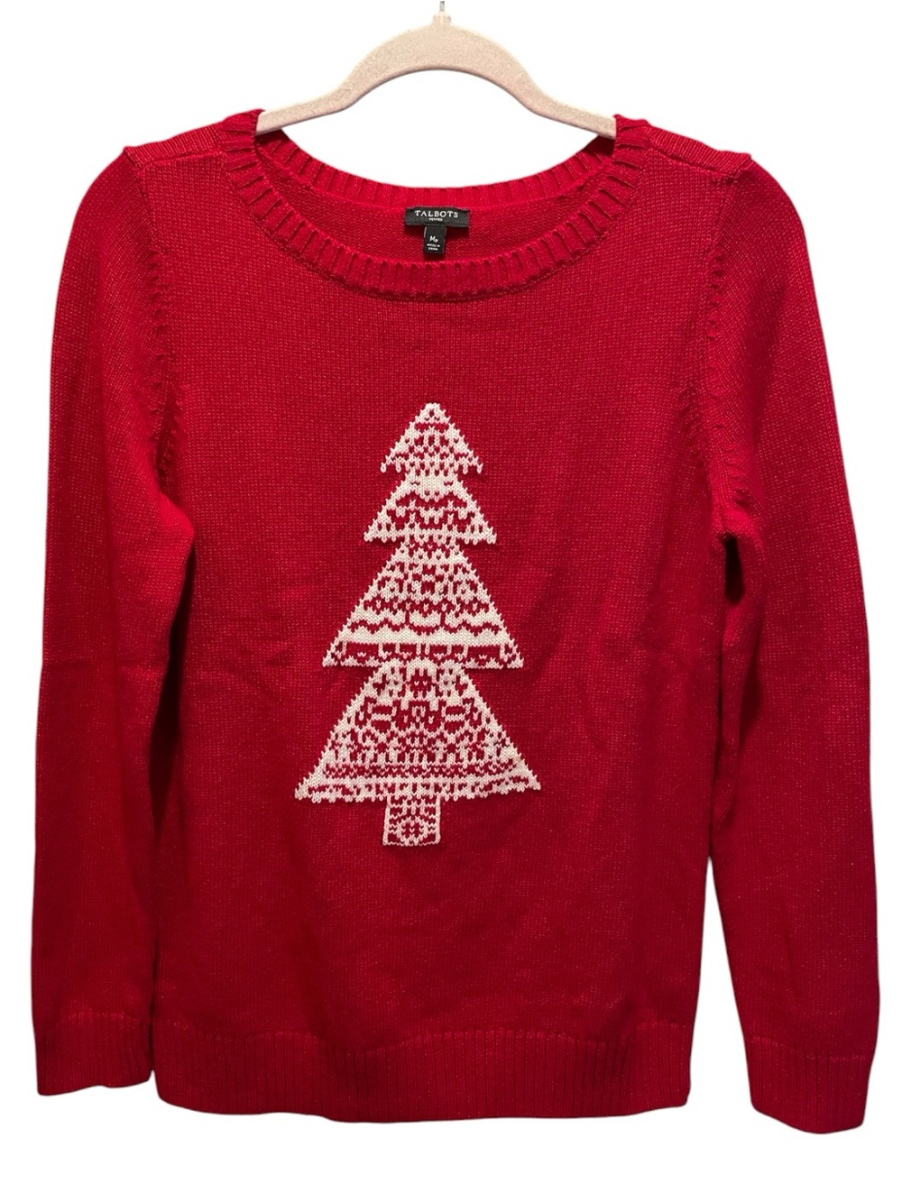 Talbots red crewneck sweater with a white Nordic-style Christmas tree. Size MP